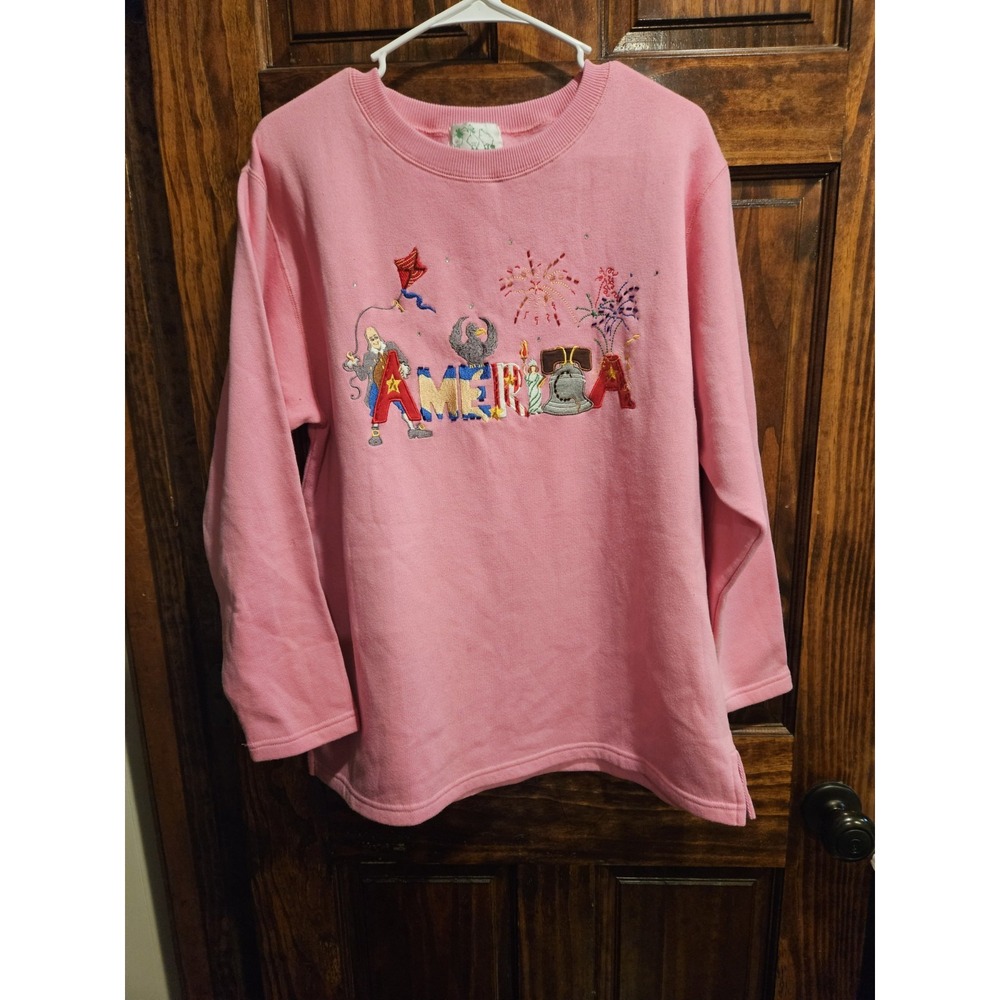 Quacker Factory Embroidered Patriotic 4th Of July Sweatshirt Pink XL